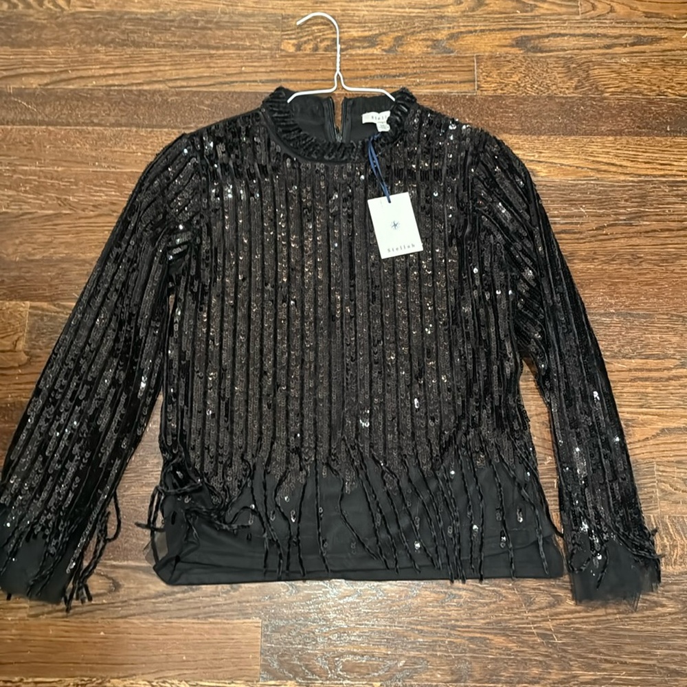 Stellah Black Sequin Fringe Top Small NWT
